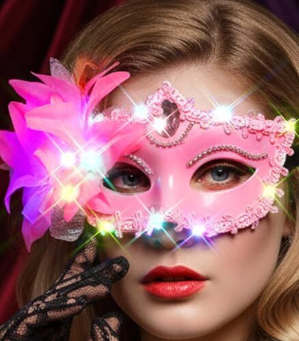 8904 Pink Light Up Masquerade Mask, Venetian Lace Flower Antifaz, Cosplay